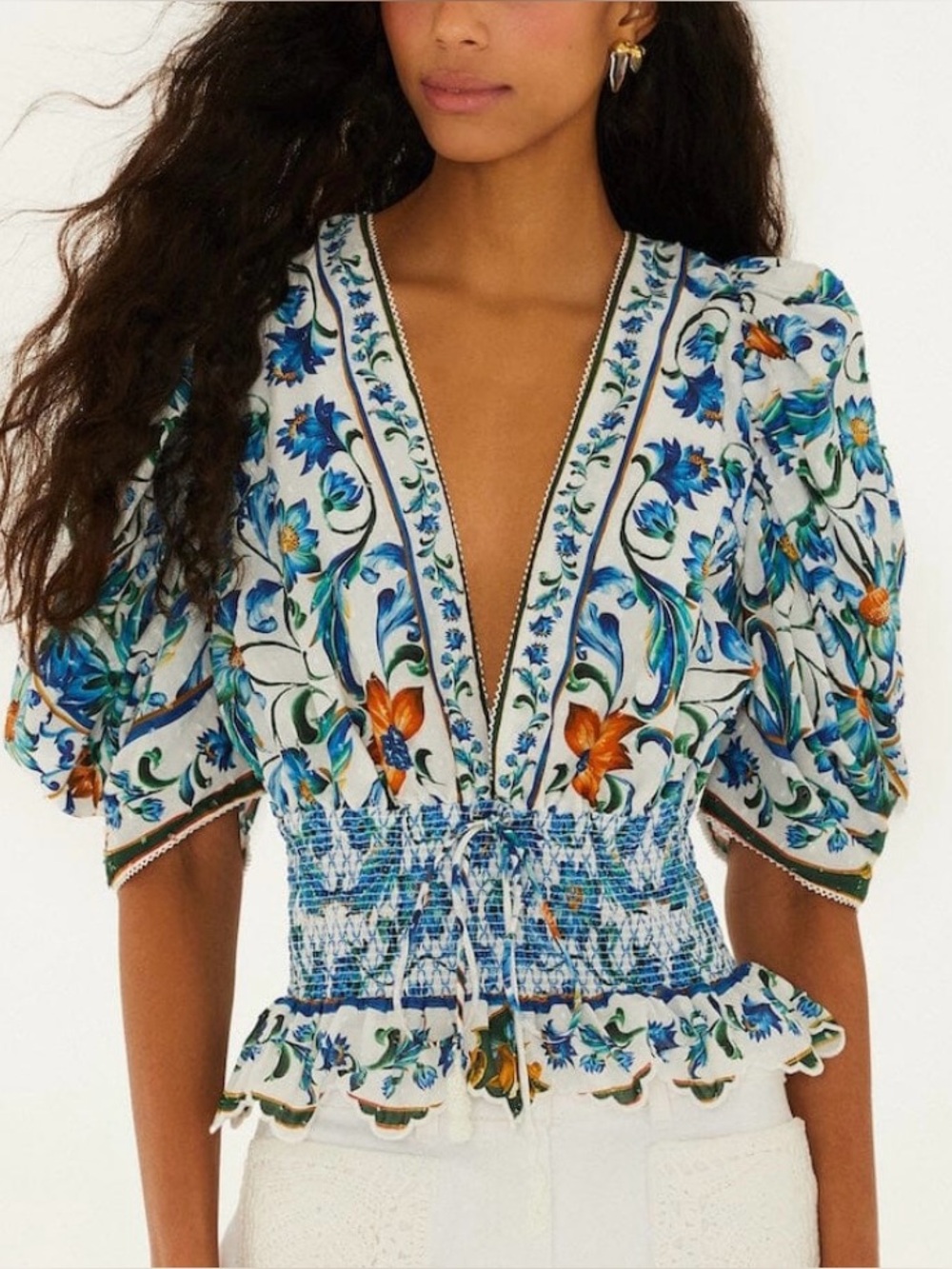 FARM RIO - FLORA TILE SMOCKED BLOUSE